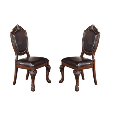 Royal Majestic Formal Set Of 2 Side Chairs Brown Color Rubberwood Dining Room Furniture Intricate Design Faux Leather Upholstered Seat