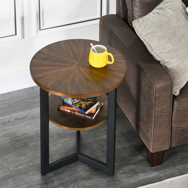Table de bout ronde en bois avec tablette de rangement, table d'appoint industrielle moderne avec structure en métal Wexford, petite table d'appoint pour salon, chambre à coucher et petits espaces, brun rétro
