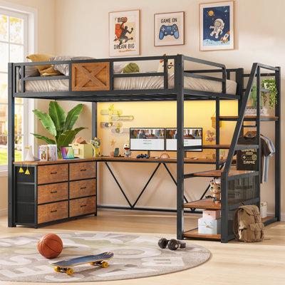 Full Size Loft Bed With Desk And Storage Stairs, Metal Loft Bed With 6 Storage Drawers, Hall Tree, Led Lights And Power Outlet For Kids Teens Adults, Vintage Brown