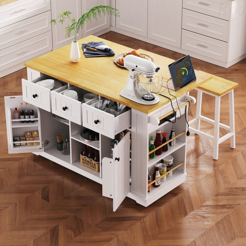 53Inch Large Kitchen Island With Drop Leaf, Power Outlet, Door Internal Storage Rack, Rolling Kitchen Cart On 5 Wheels With 5 Open Side Racks For Kitchen, Dining Room(Not Include Bar Stools)