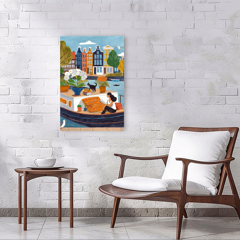 Amsterdam City Life On A Boat Colorful Peaceful Vibrant Cat Autumn City Wall Art Print 1 Piece Wrapped Canvas Wall Art