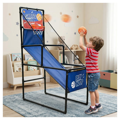 Kids Single Shot Basketball Arcade Game, Indoor Active Play Hoop Stand for Boys and Girls, Blue ABS Plastic Sports Toy