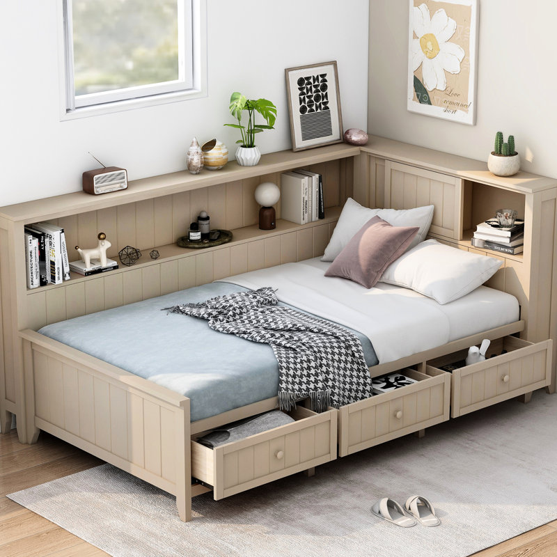 Lit de jour simple avec tablettes de rangement et 3 tiroirs, blanc antique, sans sommier, Lit simple