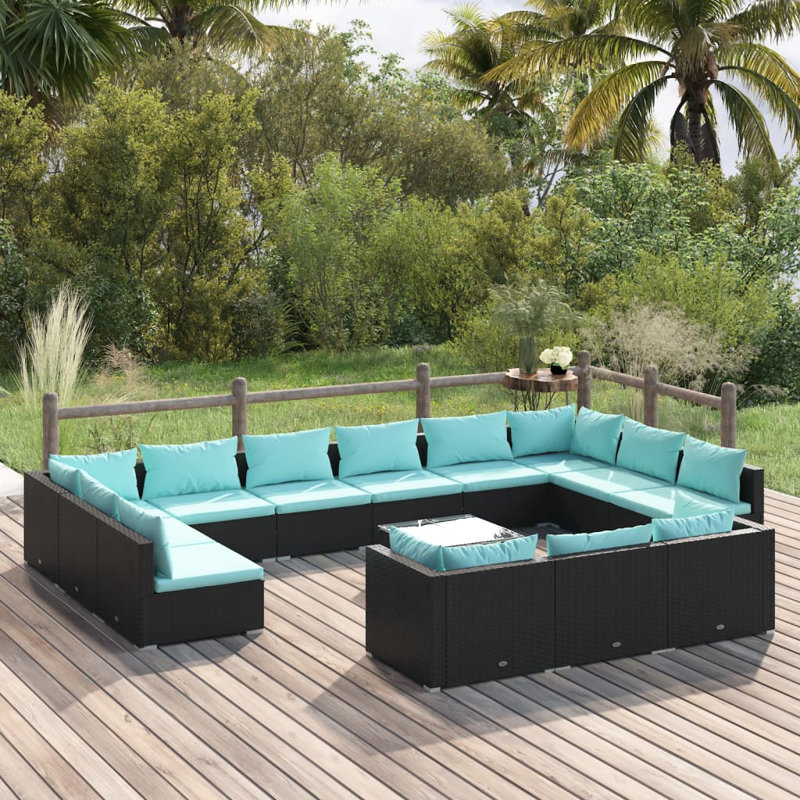 14 Piece Lounge Sofa Seating Group, Water blue, Black