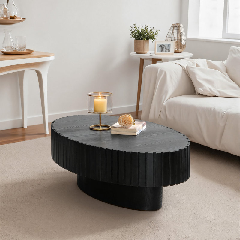 43.5'' Modern Oval Wooden Olive-shaped Coffee Table With Solid Wood Fluted Design For Living Room, Black
