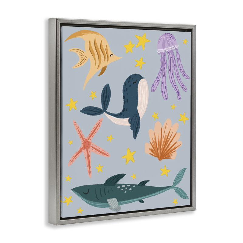  «Whimsical Marine Creatures» par Isabela Schielke, H 31 po x l 25 po, Cadre flottant gris lustré