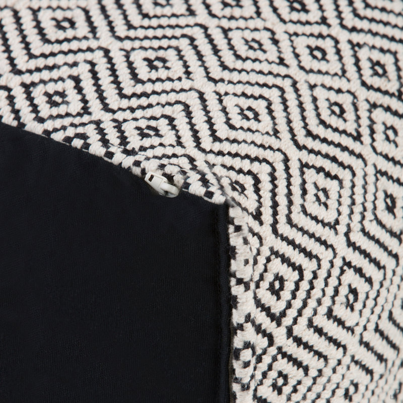 18 Inch Wide Square Pouf In Patterned Black And Natural Handwoven Cotton