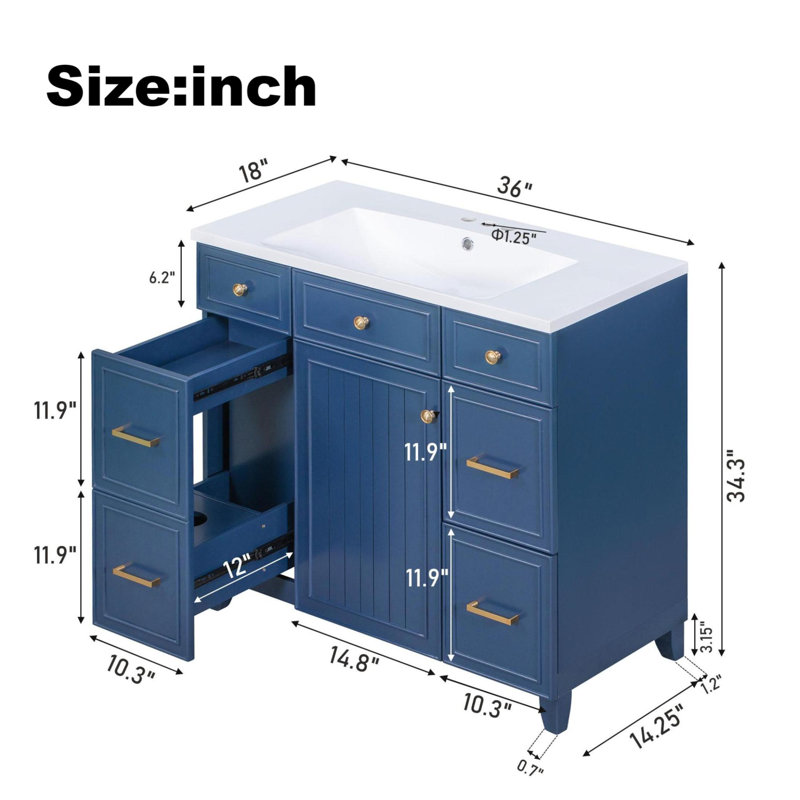 36'' Single Bathroom Vanity with Resin Top, Navy Blue, Gold