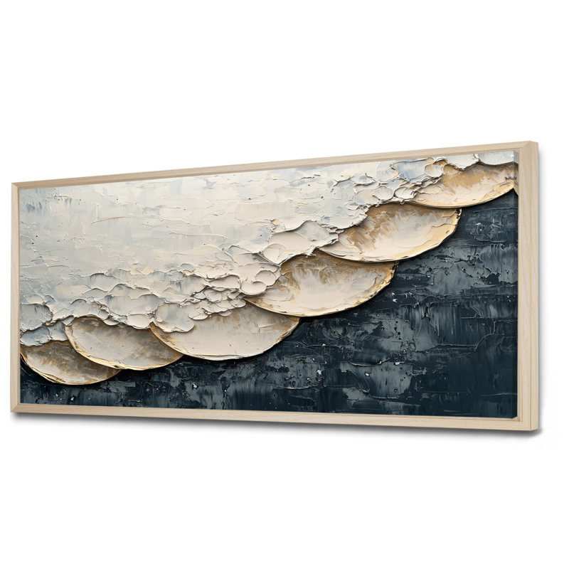Moon Eclipse Suprematism Collage III - Art mural abstrait pour le salon, H 28 po x l 60 po, Cadre flottant, Naturel
