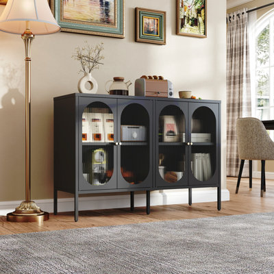 Buffet en métal avec 4 portes en verre, buffet en acier avec armoire, buffet avec 4 portes, armoire de rangement pour la cuisine, salon et bar