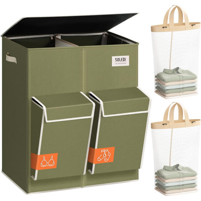 Double Laundry Hamper With Lid, 47.8 Gal (180L) Large Laundr Basket 2 Section With 2 Side Pockets, Dirty Clothes Hamper With Removable Bag, Easy To Carry For Laundry Room, Bedroom, Avocado