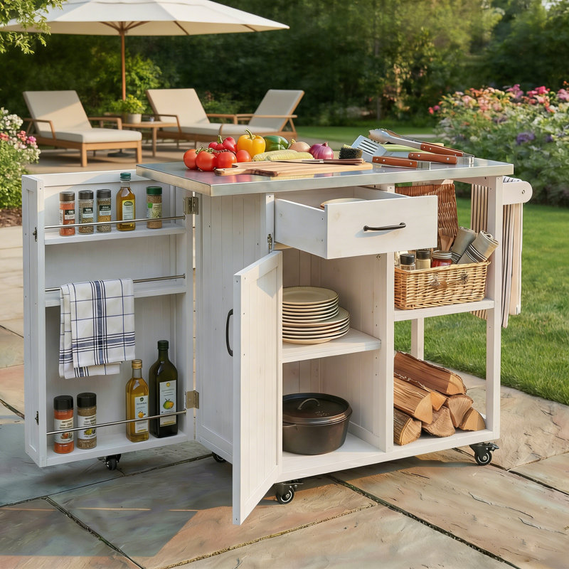 Îlot de cuisine en bois de sapin massif et station de préparation pour barbecue avec plateau en acier inoxydable, Blanc