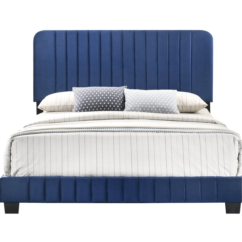 Lit double bleu marine - H 48 po, design contemporain, style chambre à coucher, velours, mousse, matériaux d'assemblage requis, chic