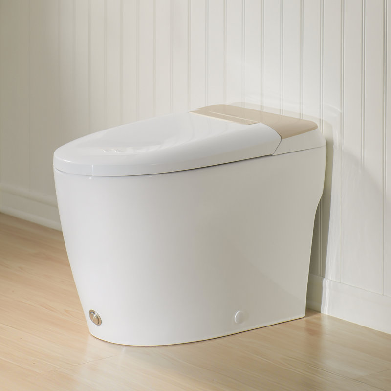 Modern One-Piece Toilet with Gold Decorative Cover, Pressure-Assisted Flush, Hands-Free Foot Kick Flush, 1.0 GPF Water-Saving, Soft Close Seat, Standard 12'' Rough-In