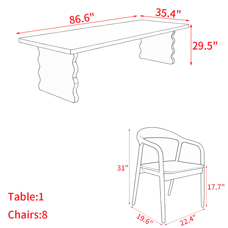 Nordic style solid wood rectangular table set., 29.5"H x 86.6"L x 35.4"W