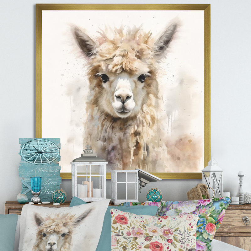 Graceful Alpaca III - Alpaca, art mural, H 16 po x l 16 po x P 1 po, Encadrement doré