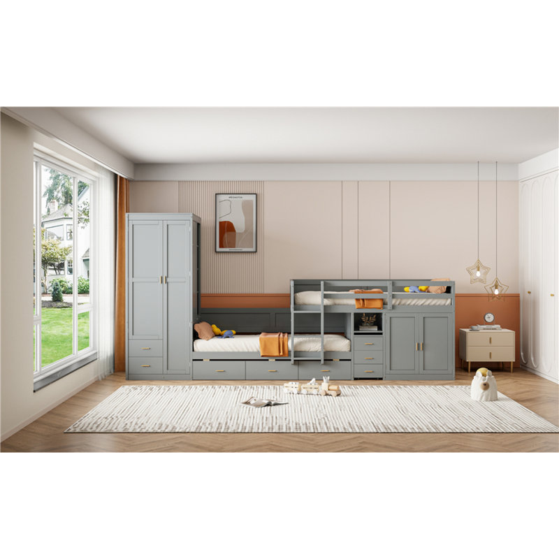 Lit simple superposé en bois avec lit gigogne, armoire, armoire, bureau et tiroirs, Gris