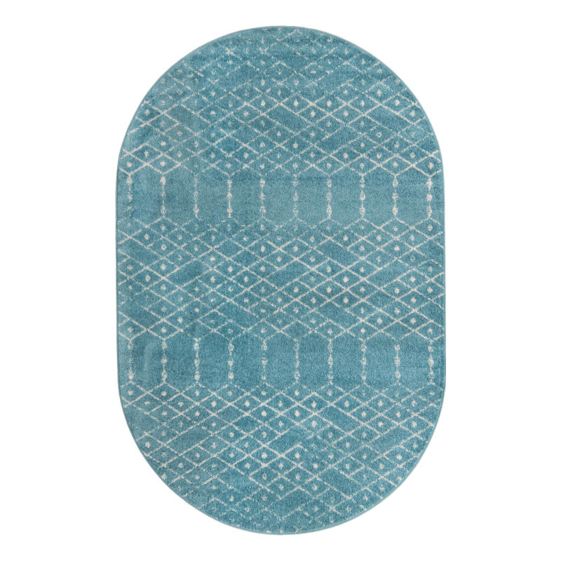 Sierra Geometric Area Rug, Oval 5'3" x 8', Teal Blue