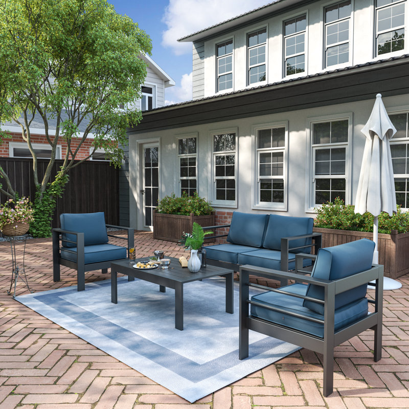 Rotella 4 - Person Outdoor Seating Group with Cushions, Blue, Dark Gray