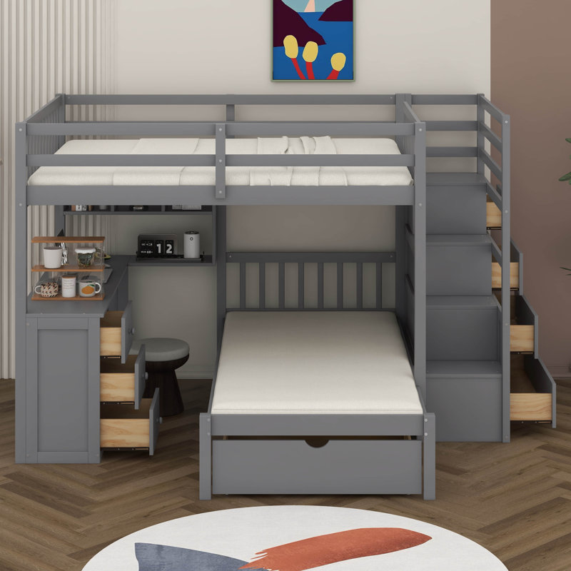 Lit superposé double au-dessus de simple avec bureau et escalier, lit superposé en bois avec tiroirs et tablettes de rangement, aucun sommier nécessaire