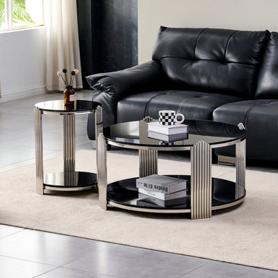 2 Piece Round Glass Coffee Table Set, Modern Living Room Table Set With 1pc 35" Coffee Table & 1pcs 16.9" End Tables, Luxury Glass Coffee And End Table Set With Asymmetrical Metal Base & Lower Shelf For Home Office
