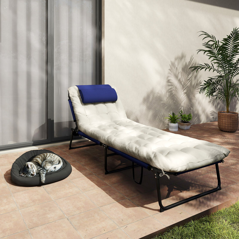 Folding Chaise Lounge Pool Chair With 4-Level Reclining Back, Cushion, Side Pocket, Headrest, Navy Blue, Navy Blue/White