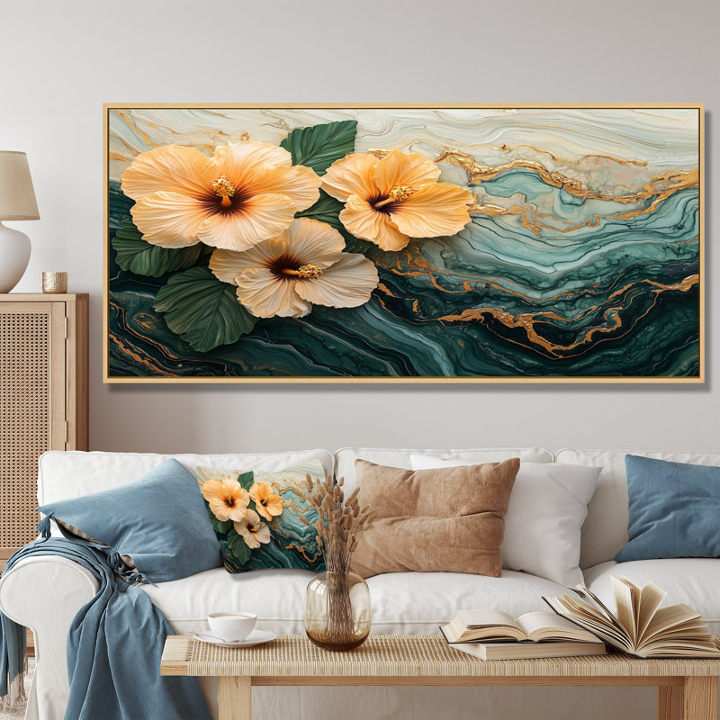 Colmon Hibiscus Flowers Field On A Emerald Stone I - Hibiscus, art mural sur toile, H 28 po x l 60 po, Or, Cadre flottant