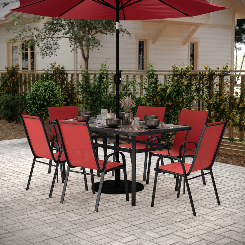 Aundreia 7-Piece Stackable Patio Dining Set with Glass Top Table, Black/Red