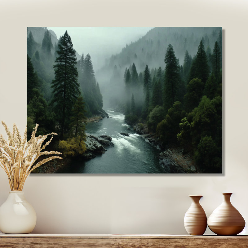 «Morning Mist In The Vancouver Mountains - Forest River Mountains, reproduction d'art sur toile, paysage vert», Toile tendue