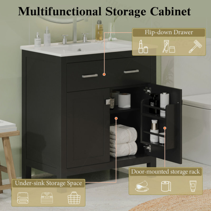 Meuble-lavabo de 30 po avec lavabo en céramique, armoire de salle de bain simple moderne avec 2 portes et une tablette, portes à fermeture douce