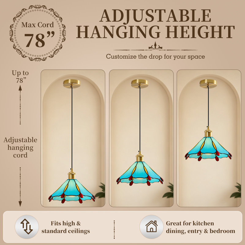 Suspension Tiffany en vitrail, mini-lampe suspendue vintage, câble noir et douille en laiton, culot E26, abat-jour bleu ciel, idéal pour îlot de cuisine ou salle à manger. Ampoule non incluse.