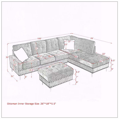 Canapé modulaire en L avec méridienne et repose-pieds avec rangement en L - chenille, pieds en métal, clous en cuivre