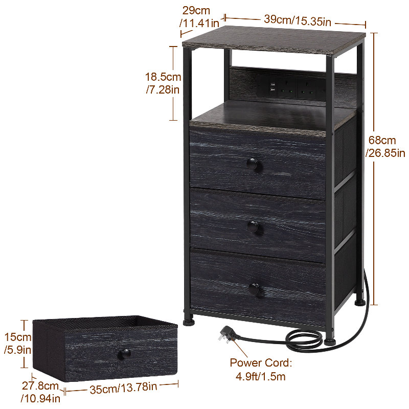 Night Stand Set 2, Led Nightstand With Charging Station, End Tables With Storage Shelf, Bed Side Table With 3 Fabric Drawers For Bedroom, Small Spaces
