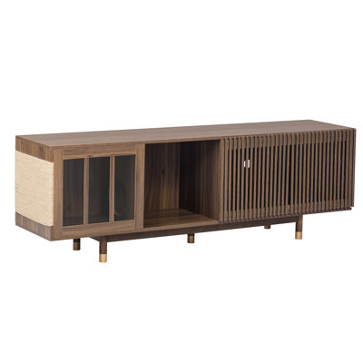 Walnut Mid-Century Modern Entertainment Stand With Sliding Door, Flip-Down Option, Pet- Cat Sleek Comfort Zone And Piece Style Tv & Doors, Contemporary Cozy Place Center