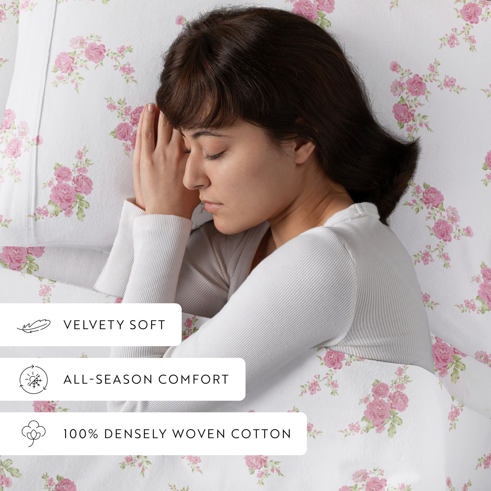 Cotton Flannel Sheet Set, Pink /Roses, Queen Sheet Set