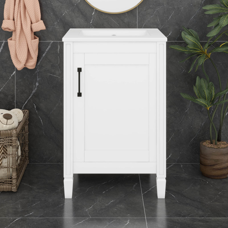 Meuble-lavabo de 20 po avec lavabo en céramique, tablette ajustable en U, support de porte, meuble-lavabo étroit, Blanc