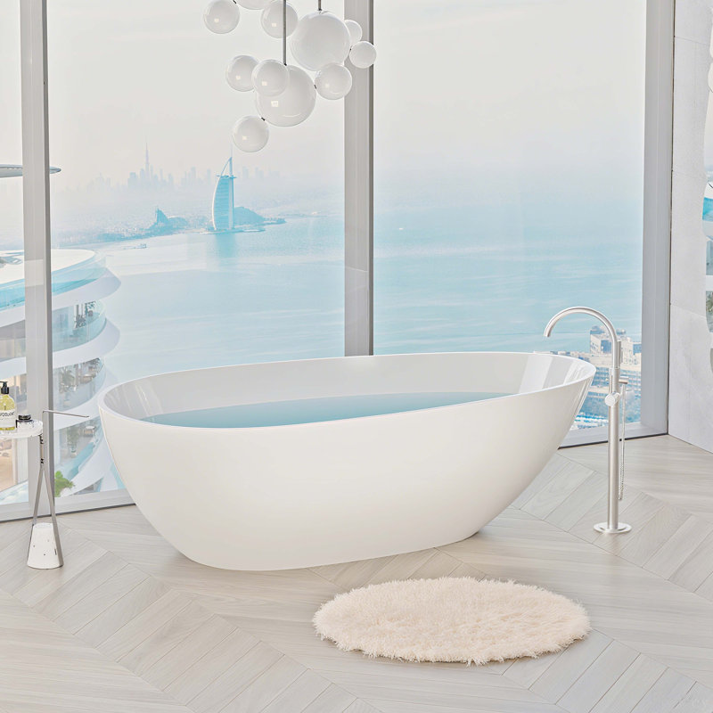 Freestanding Solid Surface Bathtub, Luxury Engineered Stone Resin Freestanding Soaking Bathtub With Overflow And Pop-Up Drain For Contemporary Bathroom, Glossy White