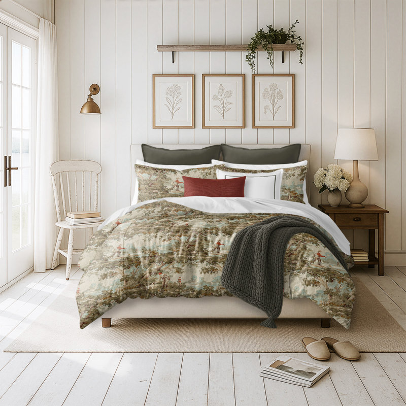 Greenwood Ivory/Red Linen Duvet Cover Set, Twin Duvet + 1 Standard Shams