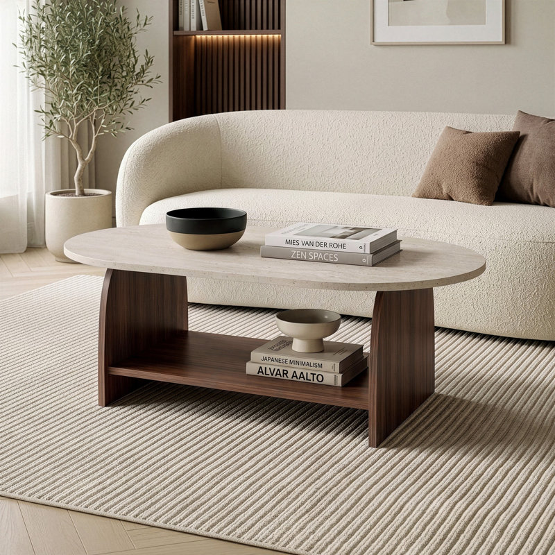 Coffee Table, Travertine; Milano Walnut