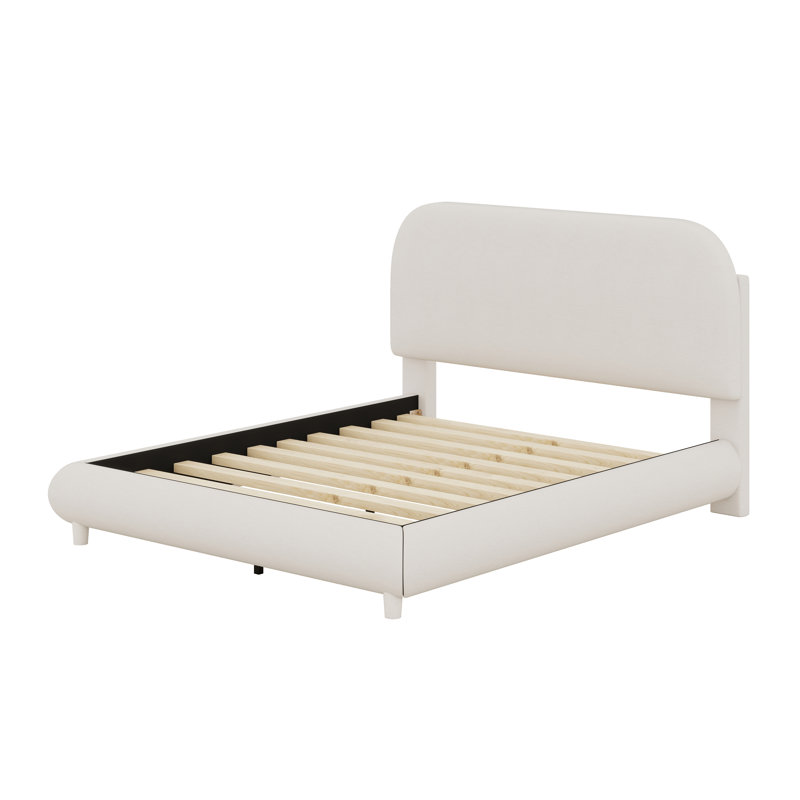 Upholstered Platform Bed With Thick Fabric, Solid Frame And Stylish Curve-Shaped Design, Full, Beige
