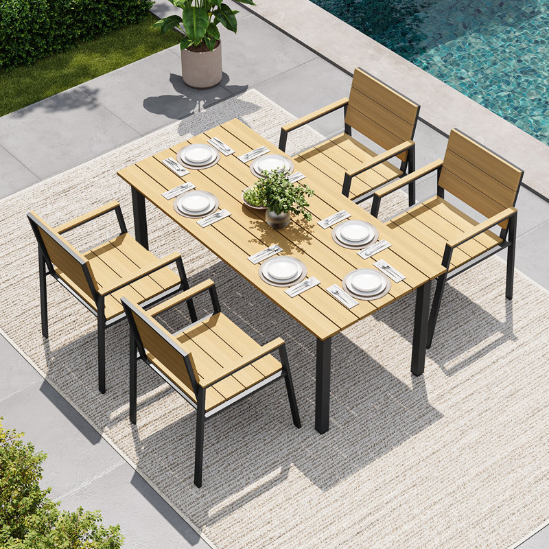 Ensemble repas de patio 5 pièces avec trou pour parasol, Jaune, 4