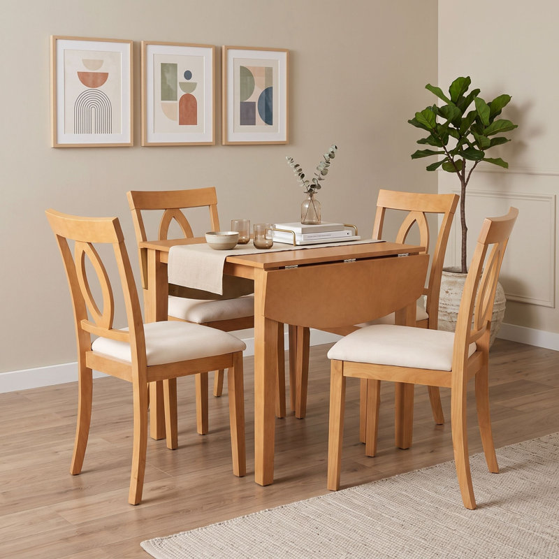 Ensemble de salle à manger 5 pièces avec table à abattants en bois et 4 chaises rembourrées, Natural