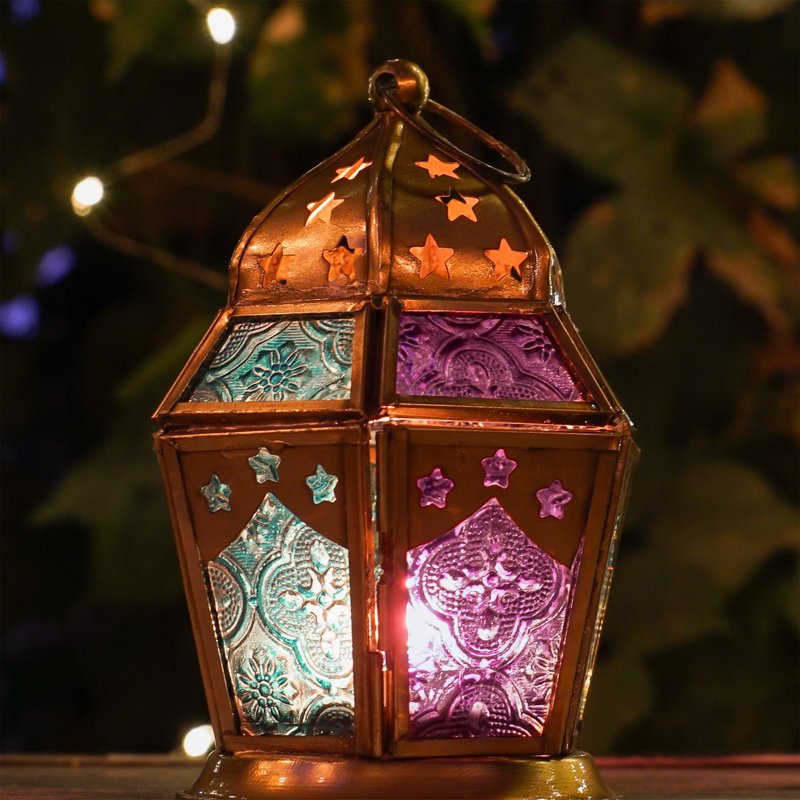 Medium Hex Glass Tealight Lantern, Purple/Teal