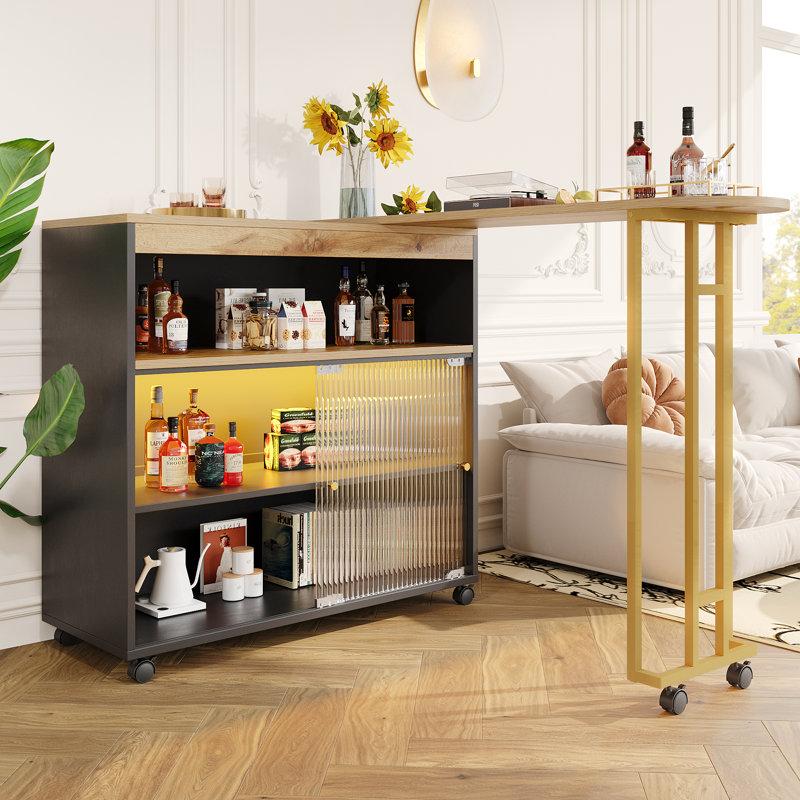 Extendable Bar Table With Storage Cabinet And Led, Black