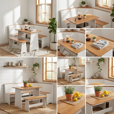 3-piece L-shaped Breakfast Nook Dining Set With Hidden Storage, Modern Wood Corner Dining Table And Bench Set For Small Spaces & Kitchen, Natural And White