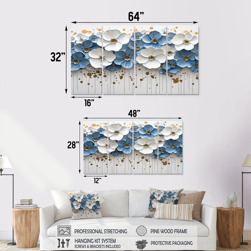 LouisJacques I - Art mural fleurs sauvages - Art mural traditionnel sur toile, 4 pièces, H 32 po x l 64 po