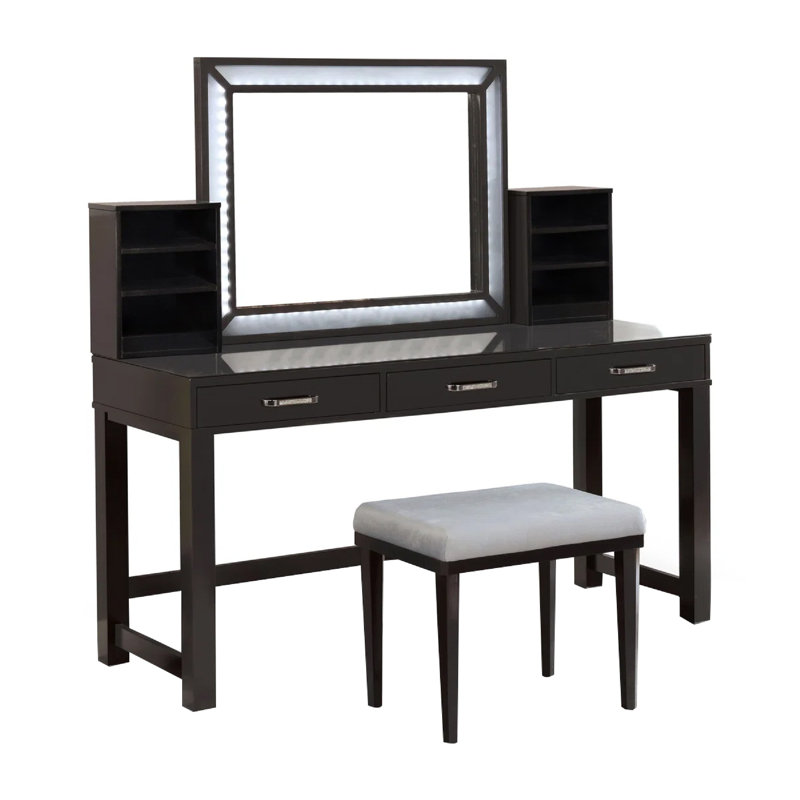 Jexo 3Pc Cherry Vanity Table Set With LED Mirror, 3 Drawer, Gray Padded Stool, Brown