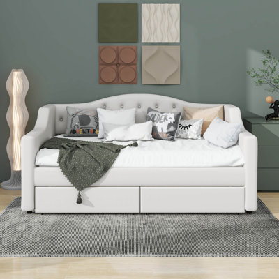 Daybed With 2 Storage Drawers And LED, Upholstered Linen Day Bed Frame With Tufted Button Backrest by Lark Manor