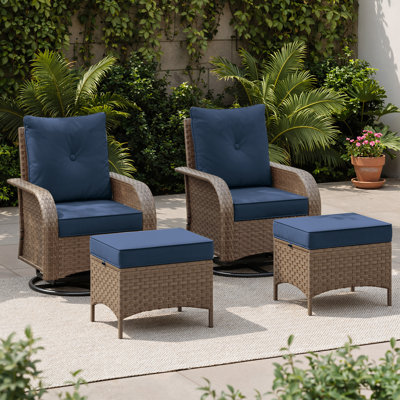 Ensemble de conversation de patio 4 pièces avec chaises berçantes pivotantes, ensemble de meubles d'extérieur en osier et en acier toutes saisons, repose-pieds pour la cour, le porche, le jardin
