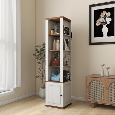 360° Rotating Storage Cabinet With Full-Length Mirror, Total Of 8 Open Shelves On Both Sides, One Side Hooks, 1 Door With A Shelve, For Living Room, Entryway, Bathroom-Antique White